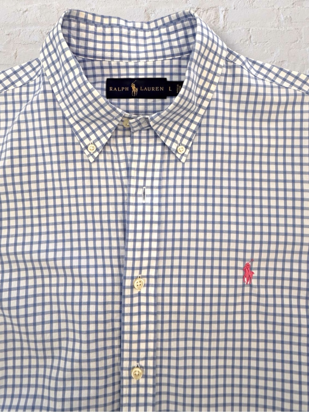 Polo Ralph Lauren Blue Check Button Down Shirt Pink Pony Classic Fit Mens Large